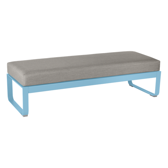 Fermob Bellevie 2-Seater Ottoman Bench – Maya Blue frame with Grey Taupe fabric cushions