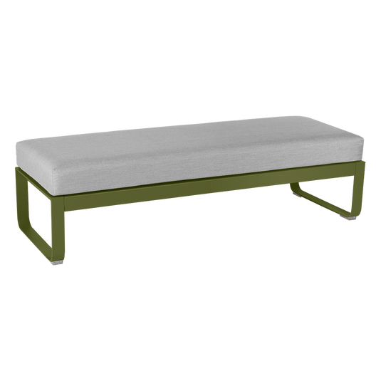 Fermob Bellevie 2-Seater Ottoman Bench – Pesto Green frame with Flannel Grey fabric cushions