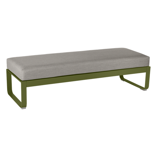 Fermob Bellevie 2-Seater Ottoman Bench – Pesto Green frame with Grey Taupe fabric cushions