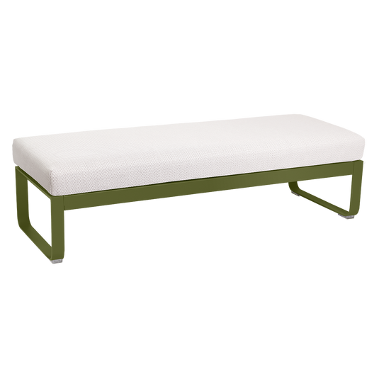 Fermob Bellevie 2-Seater Ottoman Bench – Pesto Green frame with Pearl fabric cushions