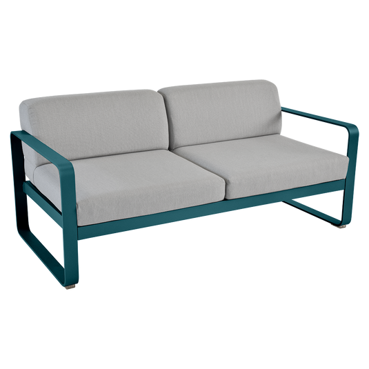 Fermob Bellevie 2-seater outdoor sofa– Acapulco Blue frame with Flannel Grey fabric cushions