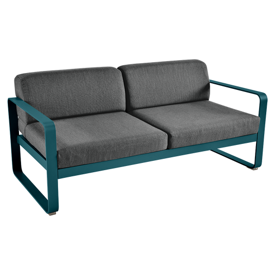 Fermob Bellevie 2-seater outdoor sofa– Acapulco Blue frame with Graphite Grey fabric cushions
