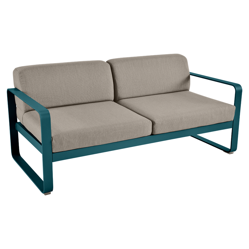 Load image into Gallery viewer, Fermob Bellevie 2-seater outdoor sofa– Acapulco Blue frame with Grey Taupe fabric cushions
