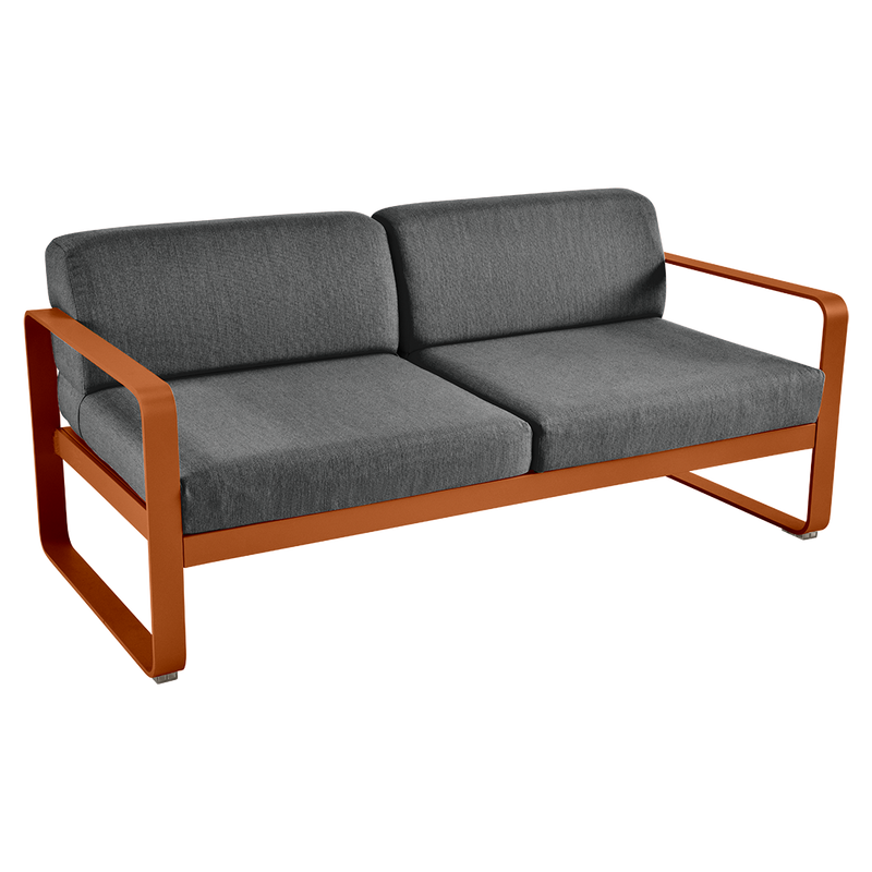 Load image into Gallery viewer, Fermob Bellevie 2-seater outdoor sofa– Candied Orange frame with Graphite Grey fabric cushions
