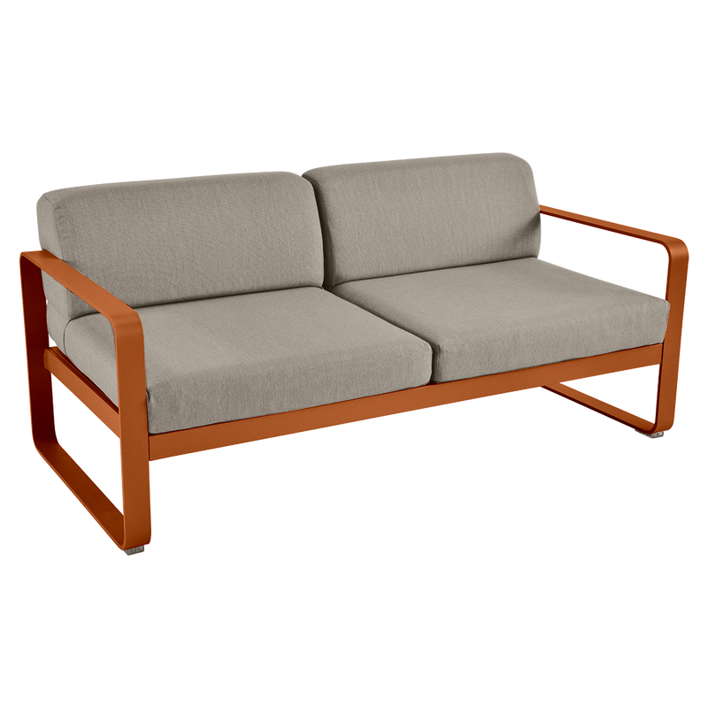 Load image into Gallery viewer, Fermob Bellevie 2-seater outdoor sofa– Candied Orange frame with Grey Taupe fabric cushions
