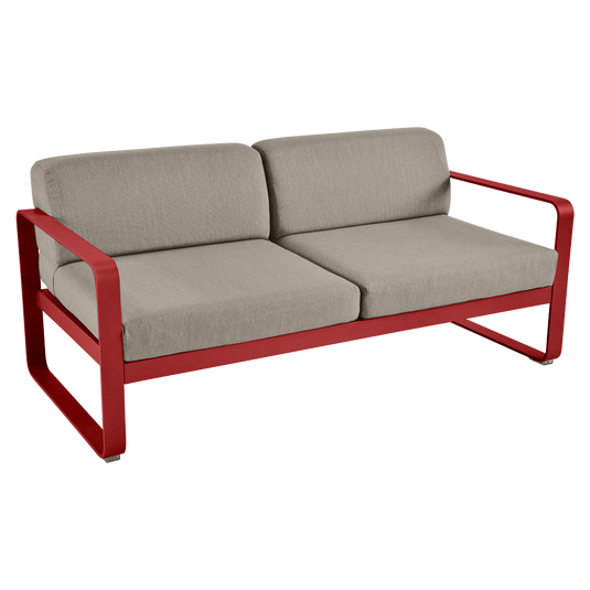 Fermob Bellevie 2-seater outdoor sofa– Chilli frame with Grey Taupe fabric cushions