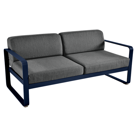 Fermob Bellevie 2-seater outdoor sofa– Deep Blue frame with Graphite Grey fabric cushions