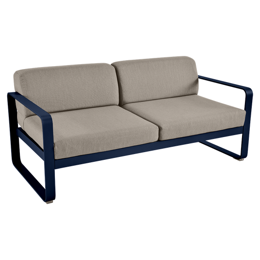 Fermob Bellevie 2-seater outdoor sofa– Deep Blue frame with Grey Taupe fabric cushions