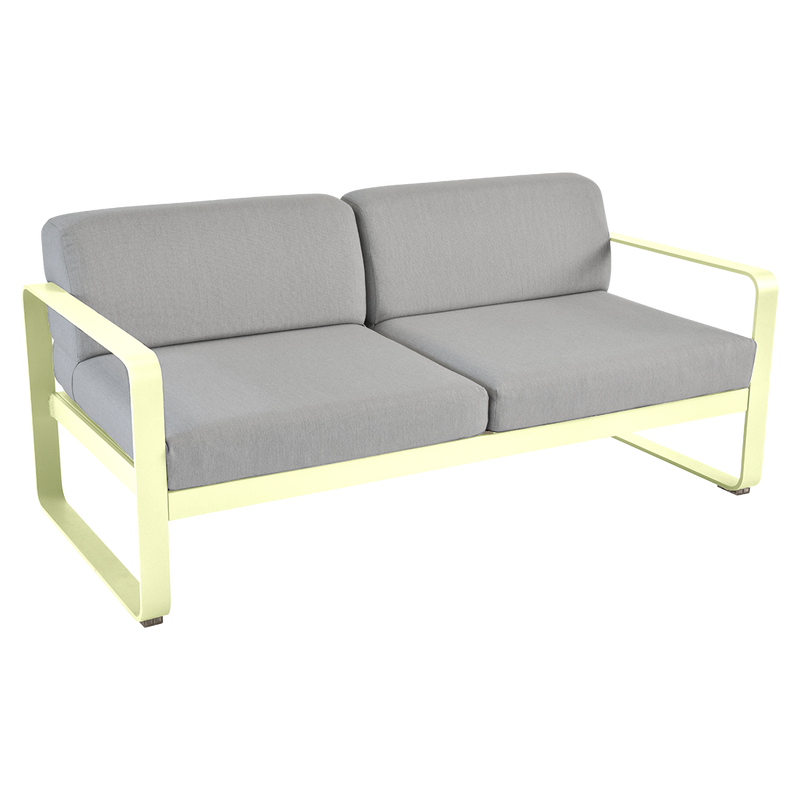 Load image into Gallery viewer, Fermob Bellevie 2-seater outdoor sofa– Frosted Lemon frame with Flannel Grey fabric cushions
