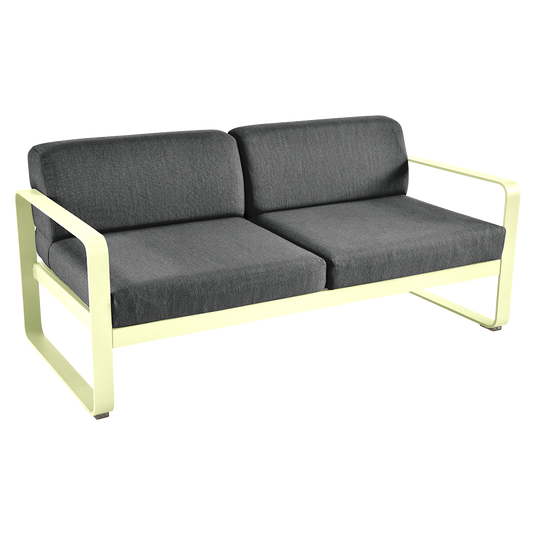Fermob Bellevie 2-seater outdoor sofa– Frosted Lemon frame with Graphite Grey fabric cushions