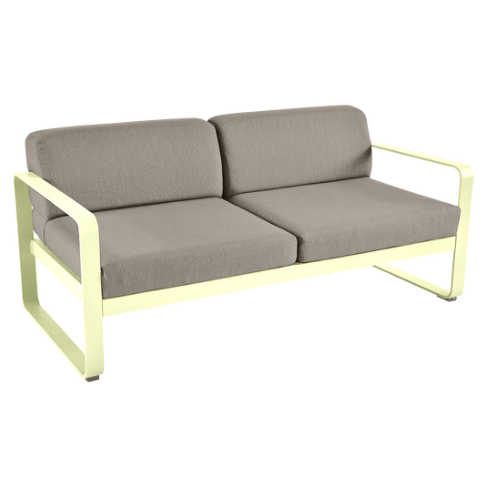 Fermob Bellevie 2-seater outdoor sofa– Frosted Lemon frame with Grey Taupe fabric cushions