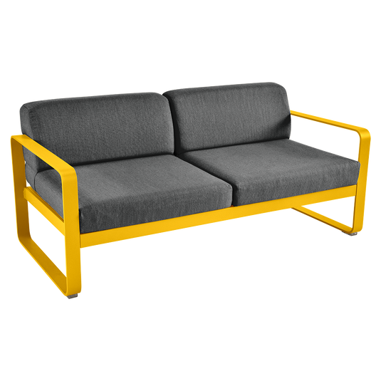 Fermob Bellevie 2-seater outdoor sofa– Honey frame with Graphite Grey fabric cushions