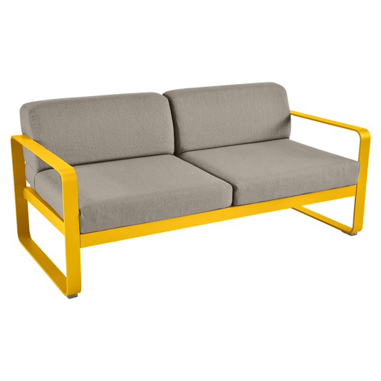 Fermob Bellevie 2-seater outdoor sofa– Honey frame with Grey Taupe fabric cushions