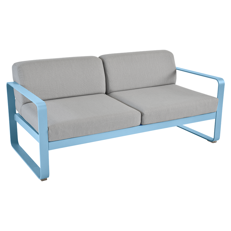Load image into Gallery viewer, Fermob Bellevie 2-seater outdoor sofa– Maya Blue frame with Flannel Grey fabric cushions
