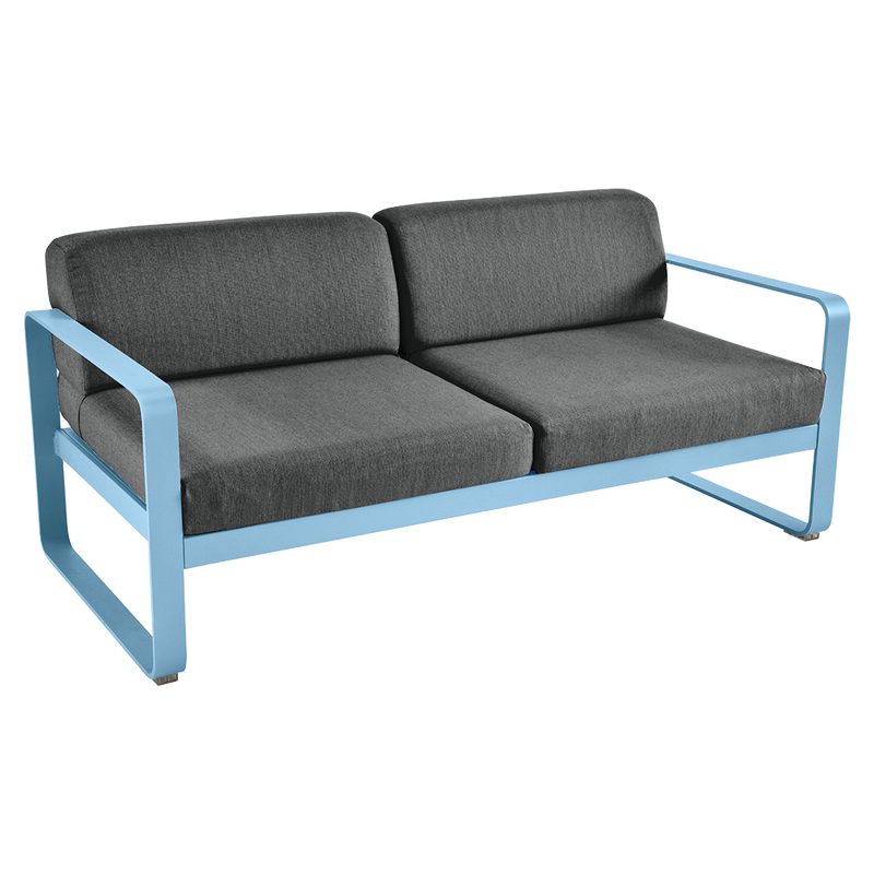 Load image into Gallery viewer, Fermob Bellevie 2-seater outdoor sofa– Maya Blue frame with Graphite Grey fabric cushions
