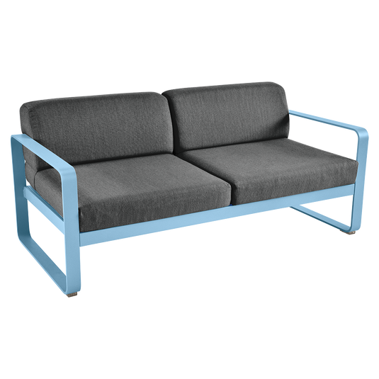 Fermob Bellevie 2-seater outdoor sofa– Maya Blue frame with Graphite Grey fabric cushions