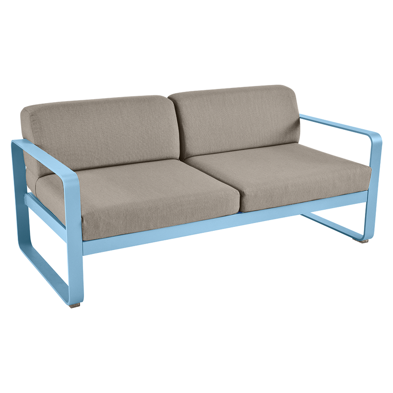 Load image into Gallery viewer, Fermob Bellevie 2-seater outdoor sofa– Maya Blue frame with Grey Taupe fabric cushions
