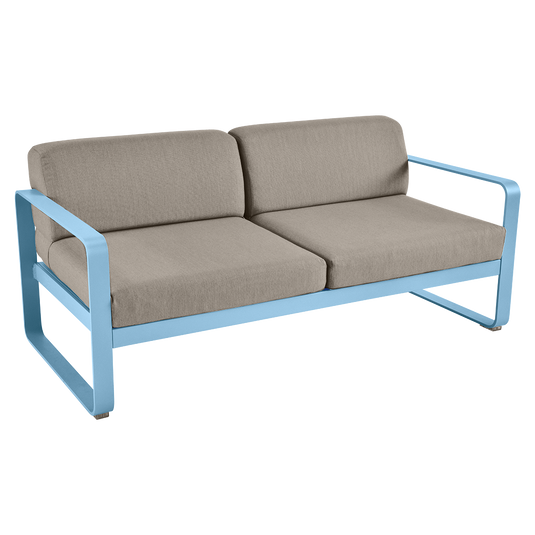 Fermob Bellevie 2-seater outdoor sofa– Maya Blue frame with Grey Taupe fabric cushions