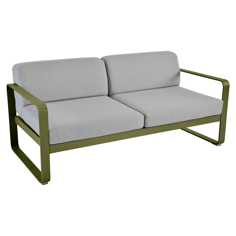 Load image into Gallery viewer, Fermob Bellevie 2-seater outdoor sofa– Pesto Green frame with Flannel Grey fabric cushions
