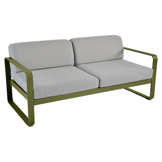 Fermob Bellevie 2-seater outdoor sofa– Pesto Green frame with Flannel Grey fabric cushions