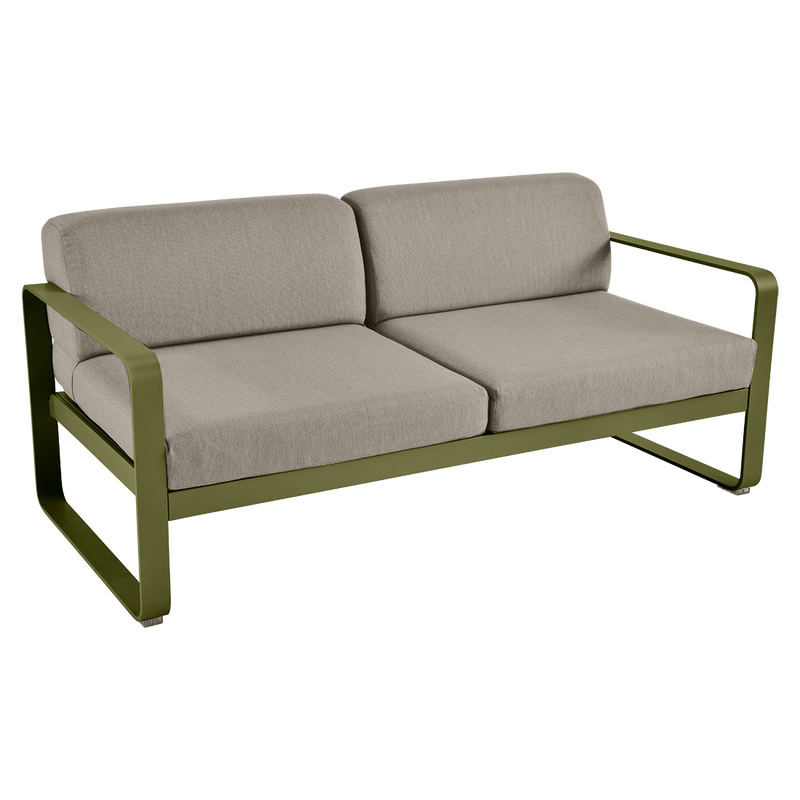 Load image into Gallery viewer, Fermob Bellevie 2-seater outdoor sofa– Pesto Green frame with Grey Taupe fabric cushions
