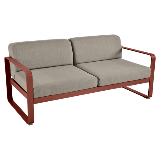 Fermob Bellevie 2-seater outdoor sofa– Red Ochre frame with Grey Taupe fabric cushions