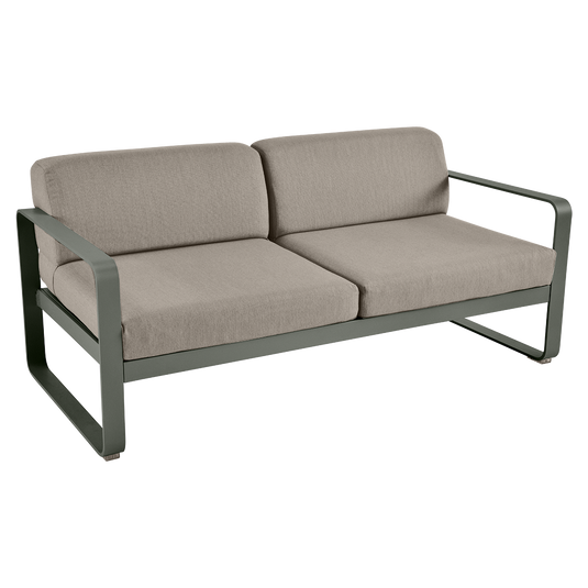 Fermob Bellevie 2-seater outdoor sofa– Rosemary frame with Grey Taupe fabric cushions