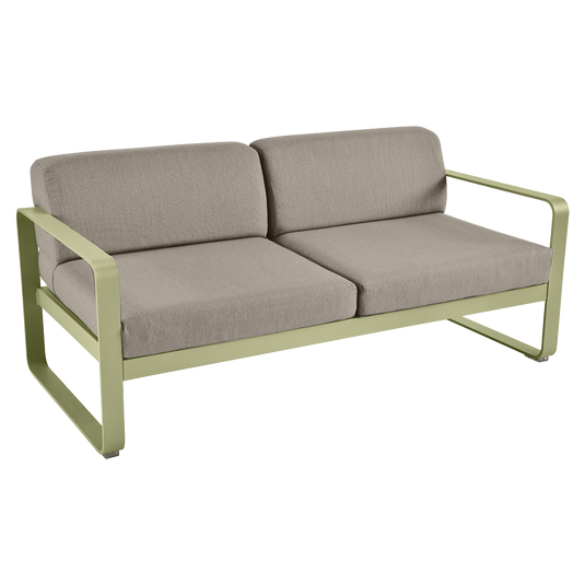 Fermob Bellevie 2-seater outdoor sofa– Willow Green frame with Grey Taupe fabric cushions