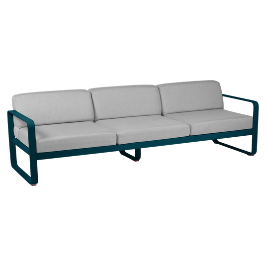 Fermob Bellevie 3-seater outdoor sofa– Acapulco Blue frame with Flannel Grey fabric cushions