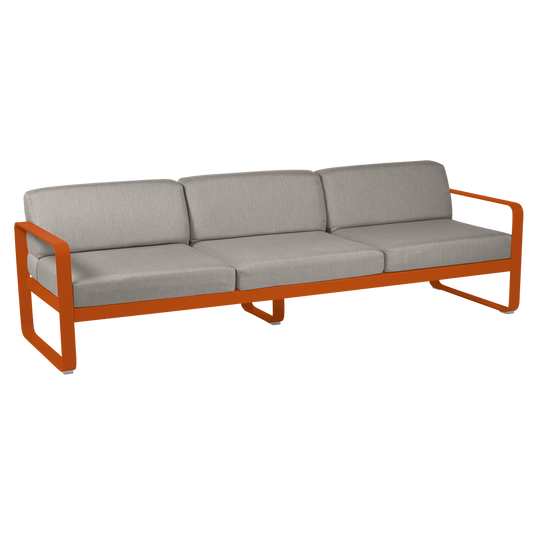 Fermob Bellevie 3-seater outdoor sofa– Candied Orange frame with Grey Taupe fabric cushions