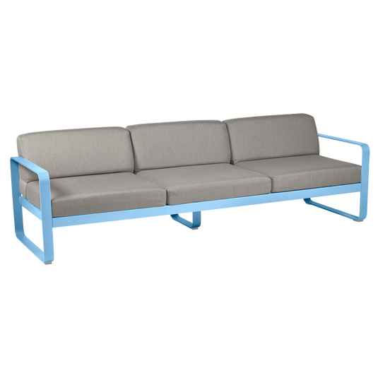 Fermob Bellevie 3-seater outdoor sofa– Maya Blue frame with Grey Taupe fabric cushions