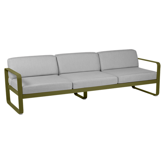 Fermob Bellevie 3-seater outdoor sofa– Pesto Green frame with Flannel Grey fabric cushions