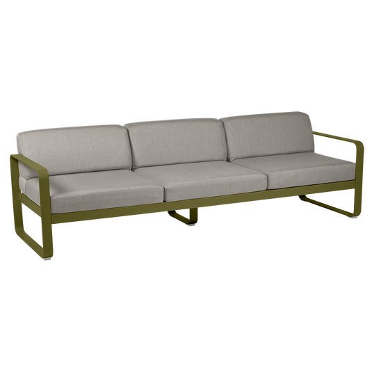 Fermob Bellevie 3-seater outdoor sofa– Pesto Green frame with Grey Taupe fabric cushions