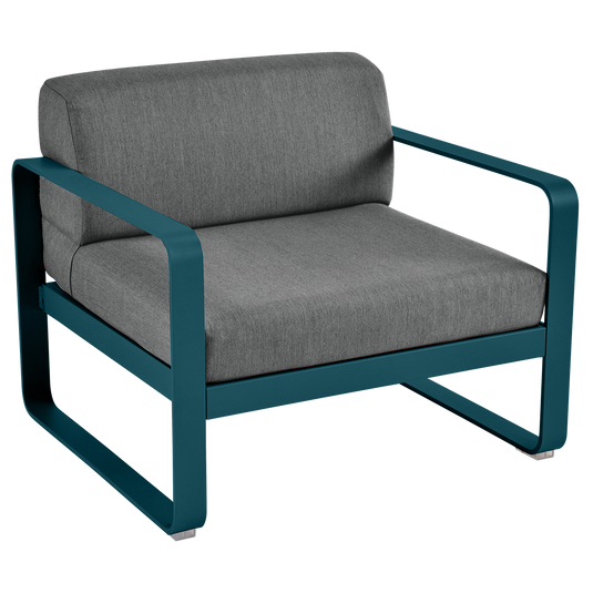 Fermob Bellevie outdoor lounge armchair– Acapulco Blue frame with Graphite Grey fabric cushions
