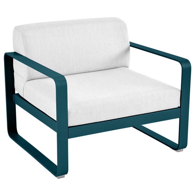 Load image into Gallery viewer, Fermob Bellevie outdoor lounge armchair– Acapulco Blue frame with Off-White fabric cushions
