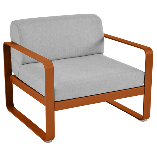 Fermob Bellevie outdoor lounge armchair– Candied Orange frame with Flannel Grey fabric cushions
