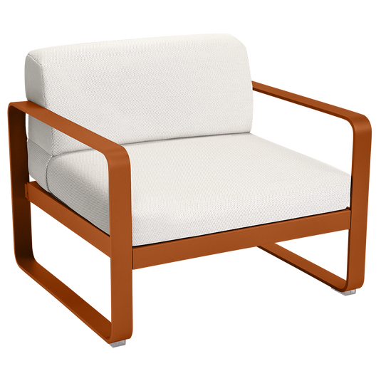 Fermob Bellevie outdoor lounge armchair– Candied Orange frame with Pearl fabric cushions