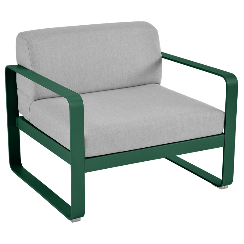 Load image into Gallery viewer, Fermob Bellevie outdoor lounge armchair– Cedar Green frame with Flannel Grey fabric cushions
