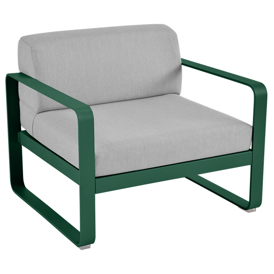Fermob Bellevie outdoor lounge armchair– Cedar Green frame with Flannel Grey fabric cushions
