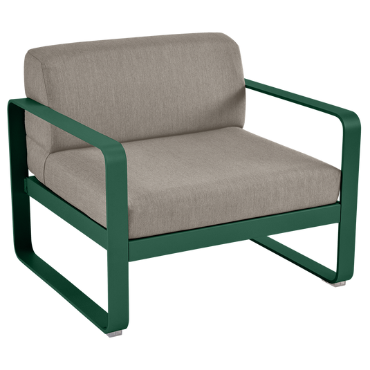 Fermob Bellevie outdoor lounge armchair– Cedar Green frame with Grey Taupe fabric cushions