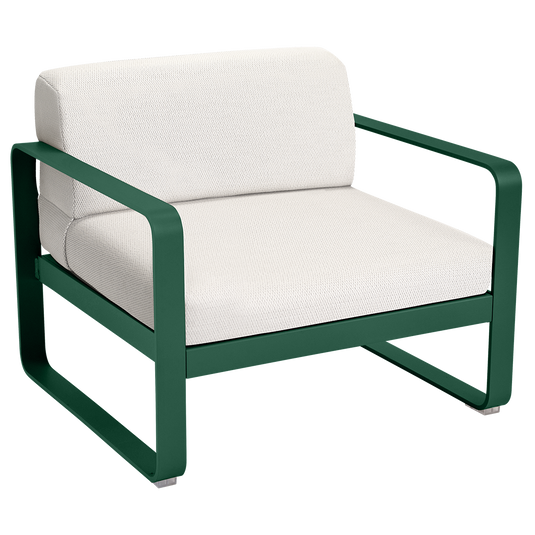 Fermob Bellevie outdoor lounge armchair– Cedar Green frame with Pearl fabric cushions