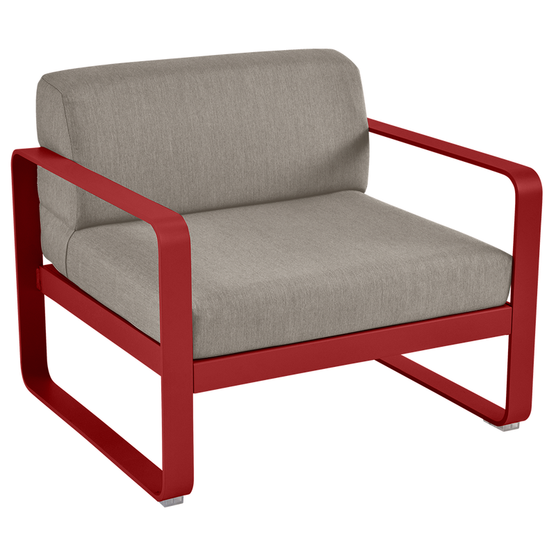 Load image into Gallery viewer, Fermob Bellevie outdoor lounge armchair– Chilli frame with Grey Taupe fabric cushions
