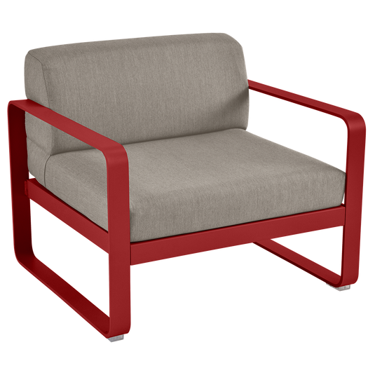 Fermob Bellevie outdoor lounge armchair– Chilli frame with Grey Taupe fabric cushions