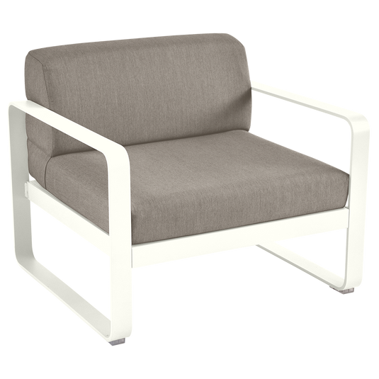Fermob Bellevie outdoor lounge armchair– Cotton White frame with Grey Taupe fabric cushions