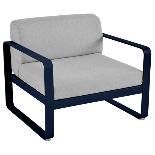 Fermob Bellevie outdoor lounge armchair– Deep Blue frame with Flannel Grey fabric cushions
