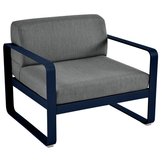 Fermob Bellevie outdoor lounge armchair– Deep Blue frame with Graphite Grey fabric cushions