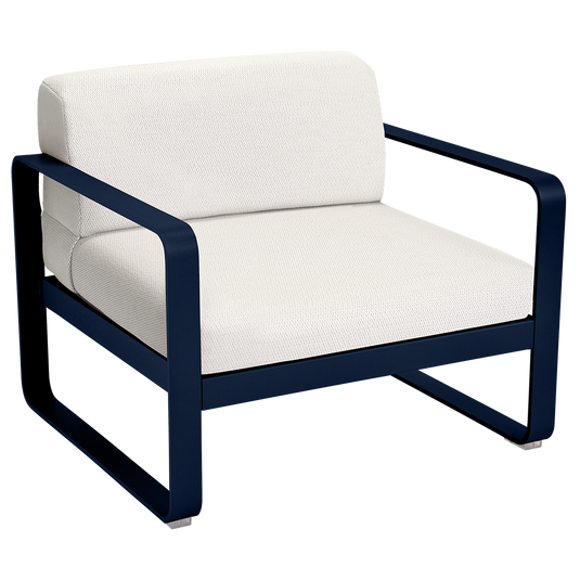 Fermob Bellevie outdoor lounge armchair– Deep Blue frame with Pearl fabric cushions
