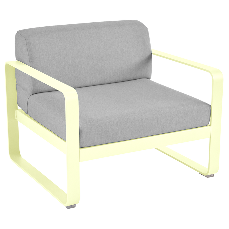 Load image into Gallery viewer, Fermob Bellevie outdoor lounge armchair– Frosted Lemon frame with Flannel Grey fabric cushions
