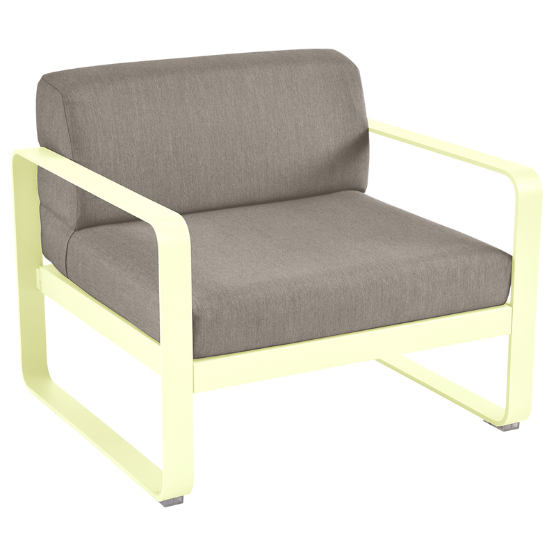 Load image into Gallery viewer, Fermob Bellevie outdoor lounge armchair– Frosted Lemon frame with Grey Taupe fabric cushions
