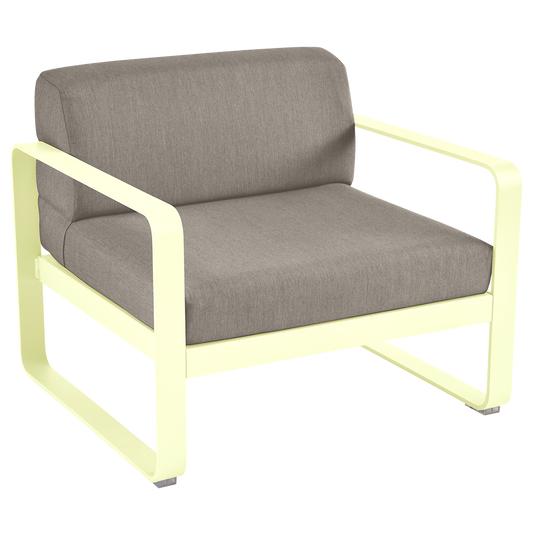 Fermob Bellevie outdoor lounge armchair– Frosted Lemon frame with Grey Taupe fabric cushions